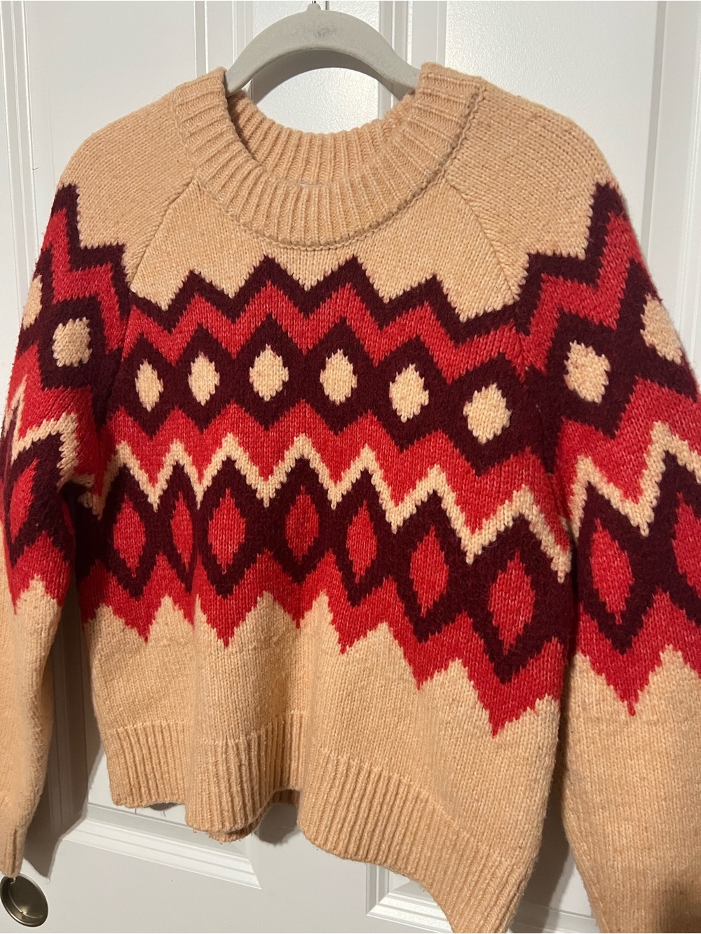 Joie Nataly Geometric Knit Crewneck Sweater Light Pink Burgundy Red - Size XS
